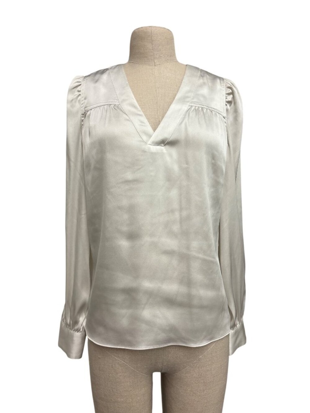 White House Black Market Womens Ivory Satin V-Neck Blouse Small Long Sleeve Top